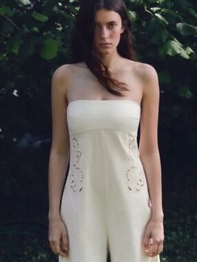 NWT Zara Oyster White Strapless Embroidered Wide Leg Jumpsuit Size Medium